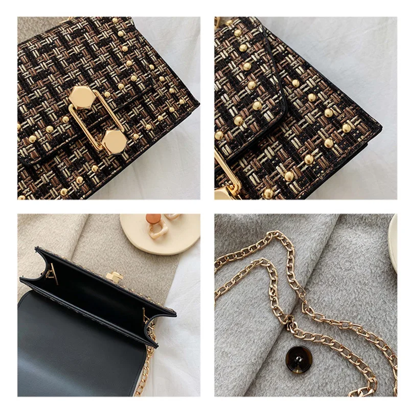 

2019 Autumn WOMEN'S Bag Hexagon Lock Cool Design Korean Style Ladies' Large Small Rivet Square Bag