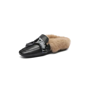 

Women's Muller shoes genuine leather fabric warm rabbit fur lining bow decoration autumn and winter fashion shoes women slippers