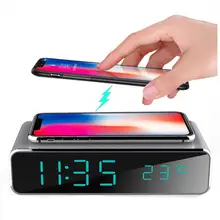 Electric LED alarm clock with phone wireless charger Desktop digital thermometer clock HD mirror clock with date 12/24 h switch