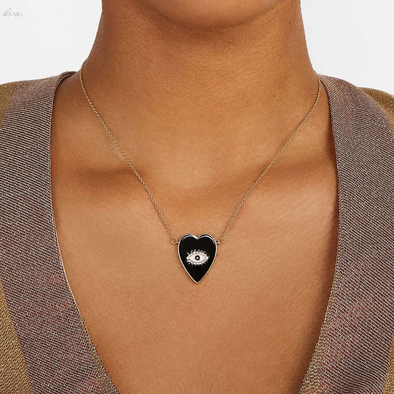 

AOMU Unique Design Chic Maxi Chain Pendant Necklaces For Women Boho Jewelry Black Heart Necklace Eye Crystal Necklaces