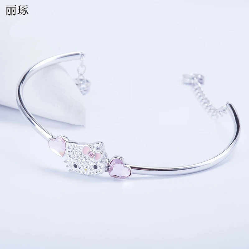 

Austrian rhinestone Kitty pink peach love heart crystal bracelet stainless steel titanium anti-bleaching imitation allergy gift