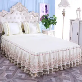 

46 Romantic Bloom Pattern Solid Color Bed Skirt Non-slip Dust Ruffle Queen Size Bedspread Bed Skirt #/L
