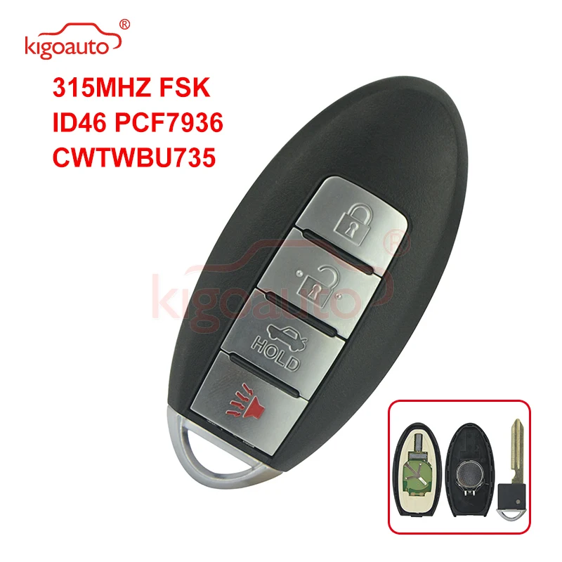 Kigoauto CWTWBU735 4 Button 315MHZ FSK ID46 PCF7936 Smart Key for Nissan Maxima Sentra w/ Prox 2007 2008 2009