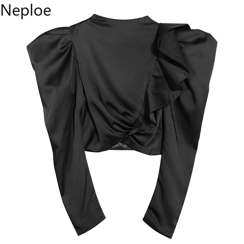 Neploe/осень-весна, новая дизайнерская блузка с рюшами, на молнии сзади, однотонные Блузы со стоячим воротником, пышная рубашка с длинными рукавами, праздничная 48607