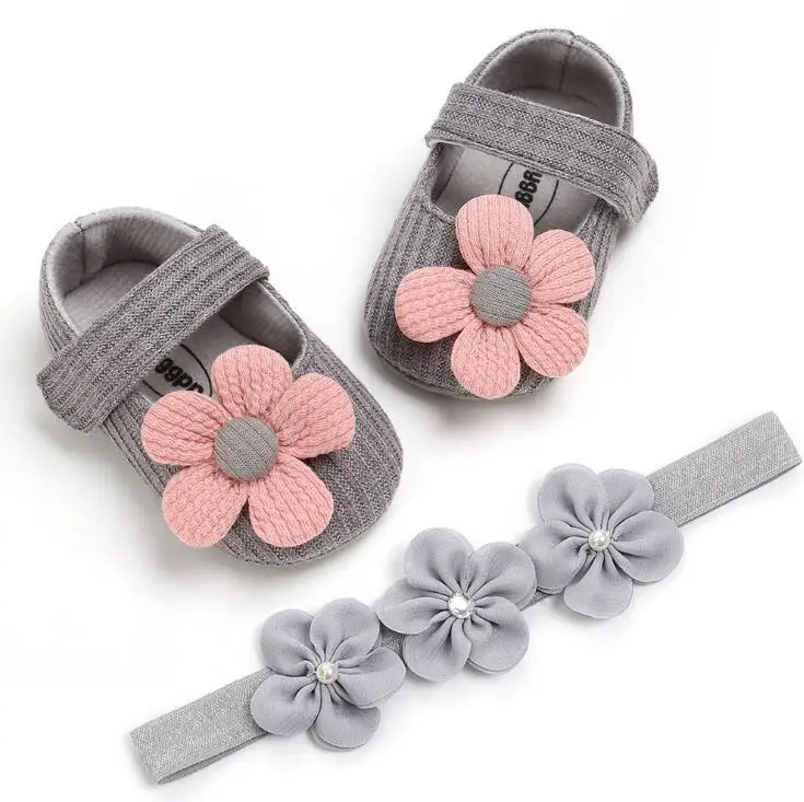 Повязка на голову; комплект из хлопковой обуви с цветочным принтом на мягкой подошве для новорожденных; обувь на крестины для маленьких девочек; обувь для крещения; Fille; милая обувь цвета слоновой кости для первых шагов - Цвет: C20
