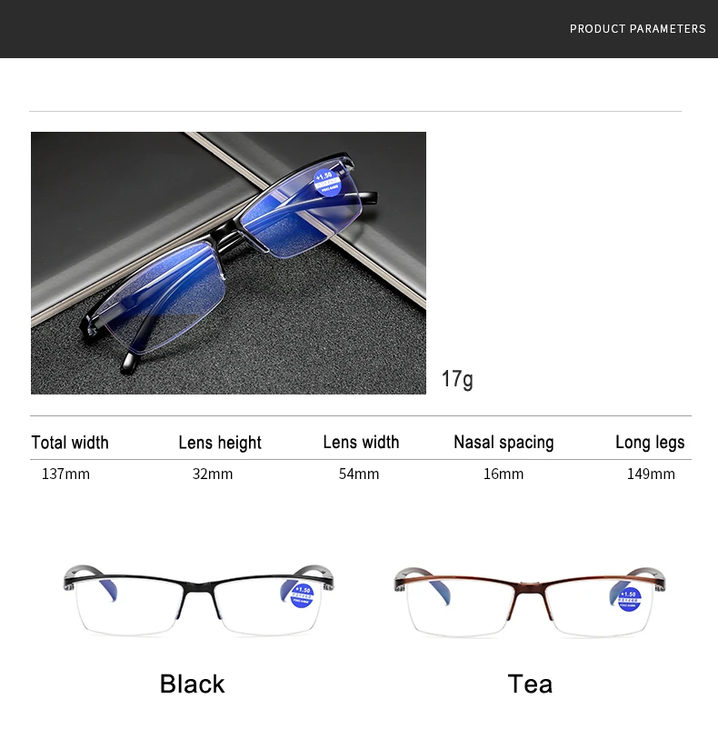 LongKeeper Men Reading Glasses Anti Blue Light Computer Eyeglasses Women Ultralight Semi-Rimless Prescription Eyewear+1.0~+4.0