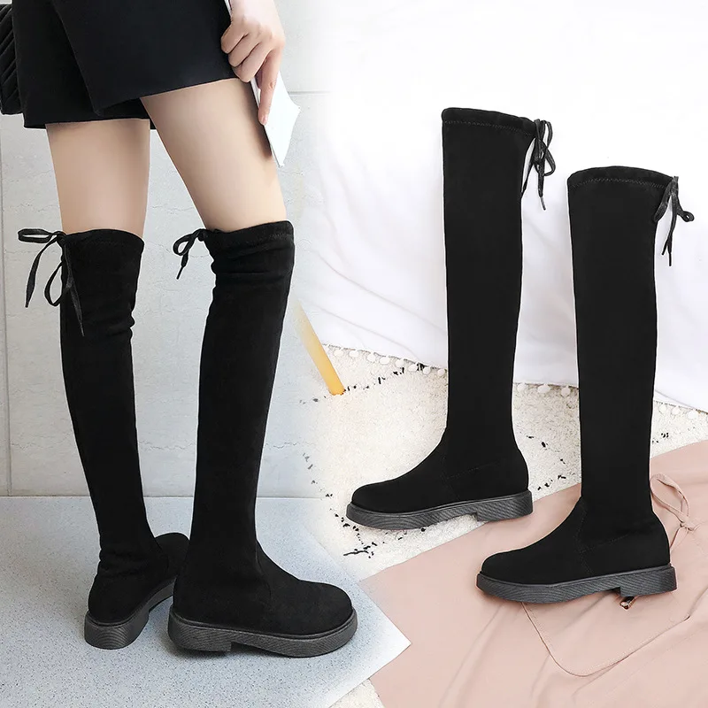 

New Style Chunky Heel Lace up Back Suede over-the-Knee Stretch Boots Waterproof Platform Europe And America Biker Boots Hose Low