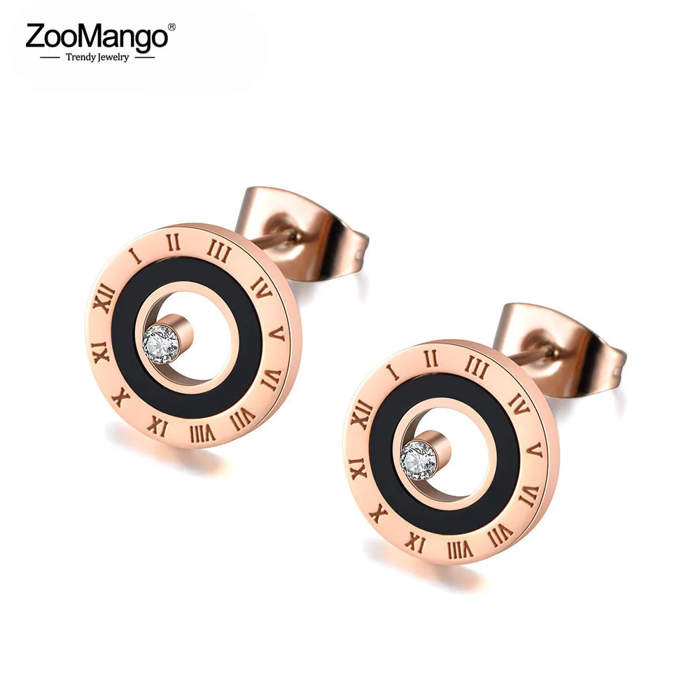 

ZooMango Stainless Steel Black Acrylic Circle Roman Numeral Wedding Earrings For Women Rose Gold CZ Crystl Earrings ZE19049