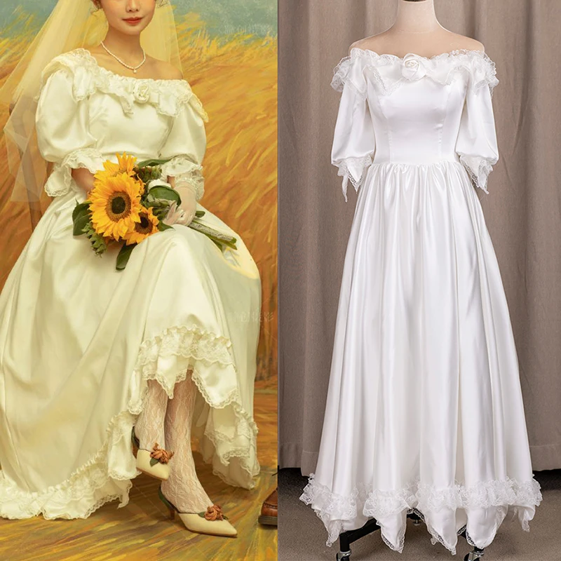 Vintage Retro Off Shoulder Renaissance Wedding Dress Satin Lace Half Sleeves Medieval Duchess Royal Castle Bridal Gown #3163 | Свадьбы и