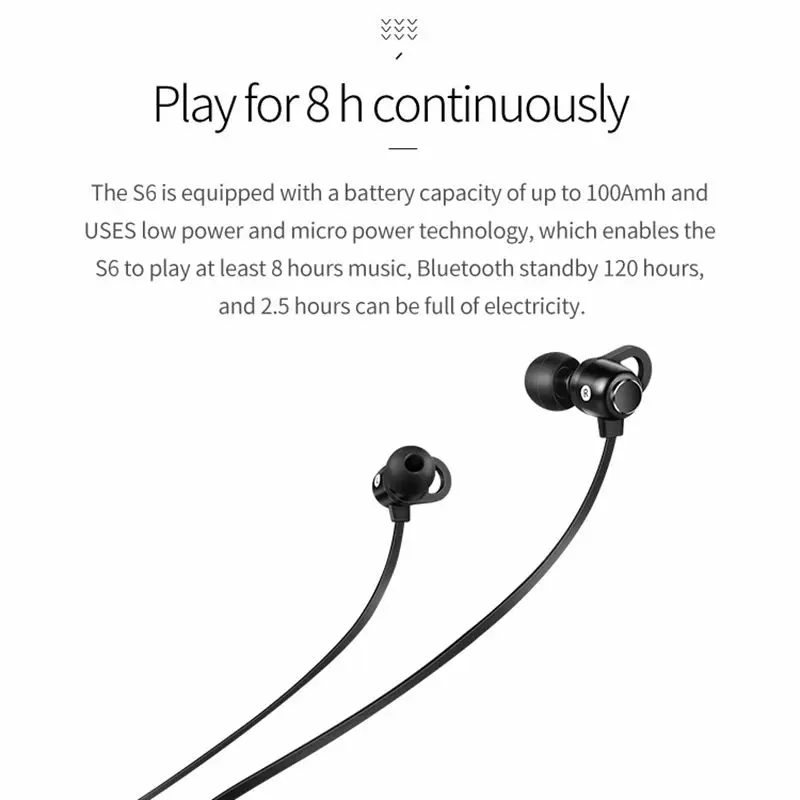 LEORY S6 Беспроводные bluetooth 5,0 наушники с проводным управлением Hi-Fi бас стерео Магнитная Спортивная гарнитура с шейным ободом с батареей 100Amh