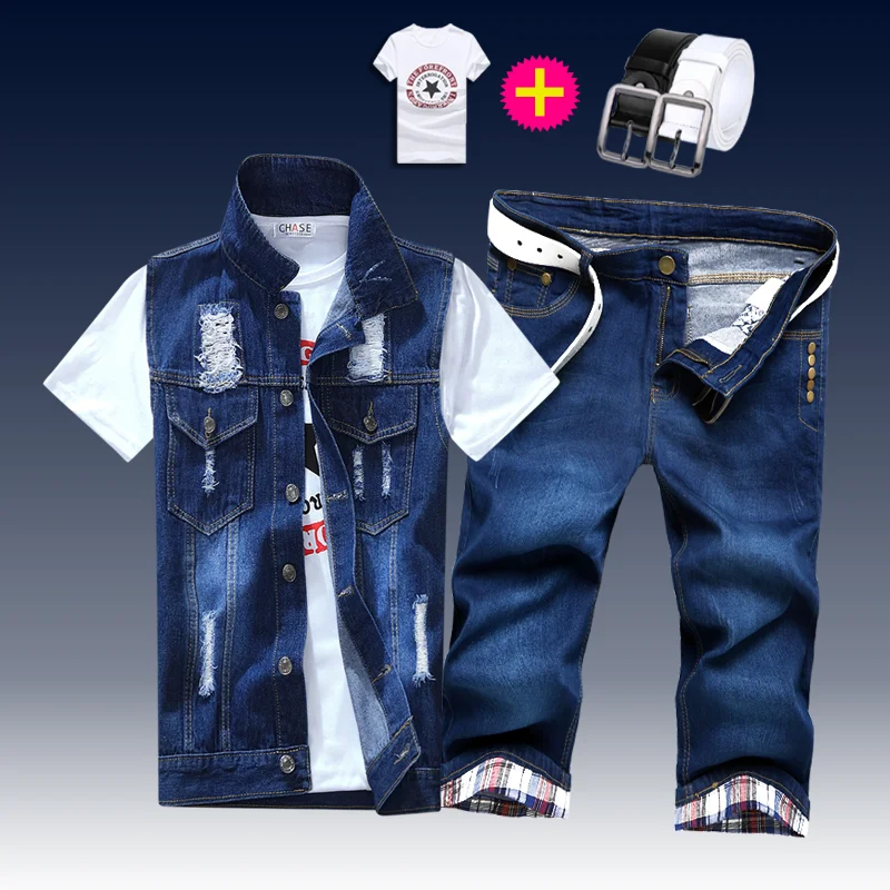 Summer Men's Denim Vest Shorts Two Pieces Set Casual Style Waistcoat