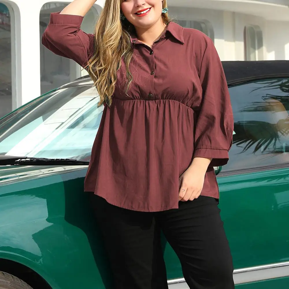 Plus Size Women Blouses Long Sleeve Turn Down Collar Office Button Shirt 2020 New Fashion Casual Blouse Solid Female Shirt - 4.00055E+12