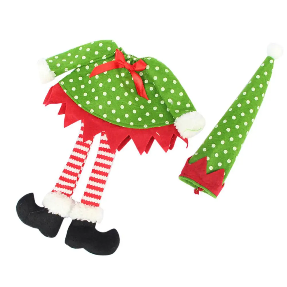 

Christmas Dot Striped Elf Wine Bottle Cover Hat Dress Table Decor Cute
