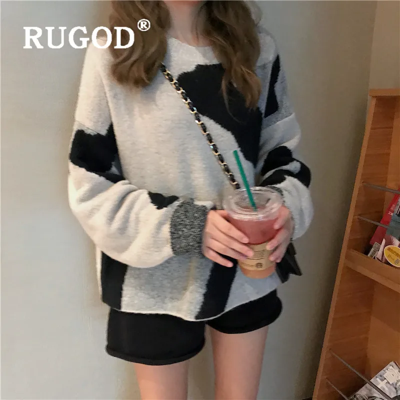 RUGOD, Новое поступление, женский свитер, пуловер с круглым вырезом, с рисунком молока, свободный, негабаритный, Вязанный свитер, модные женские милые топы