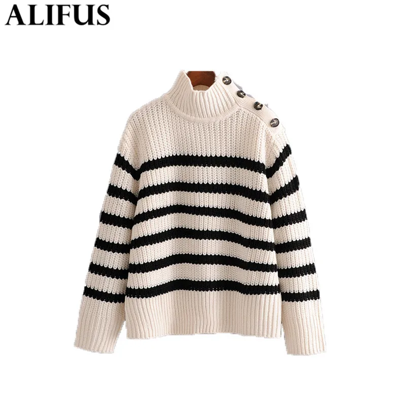 Cena Moda Za kobiety swetry 2019 w stylu vintage, w paski przyciski udekoruj sweter z golfem z długim rękawem dzianinowe swetry sweter panie