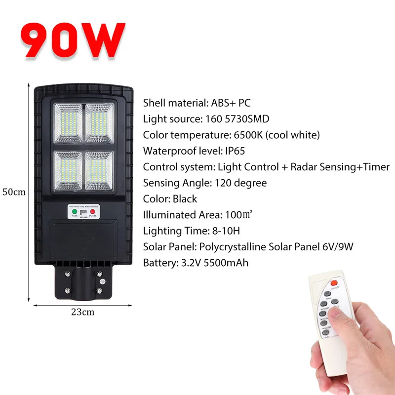 Black Shell 90W LED Solar Light with Remote Controller Outdoor Lighting for Villas and Garden Black Grey Sensor Street Lamp - Emitting Color: Black Shell