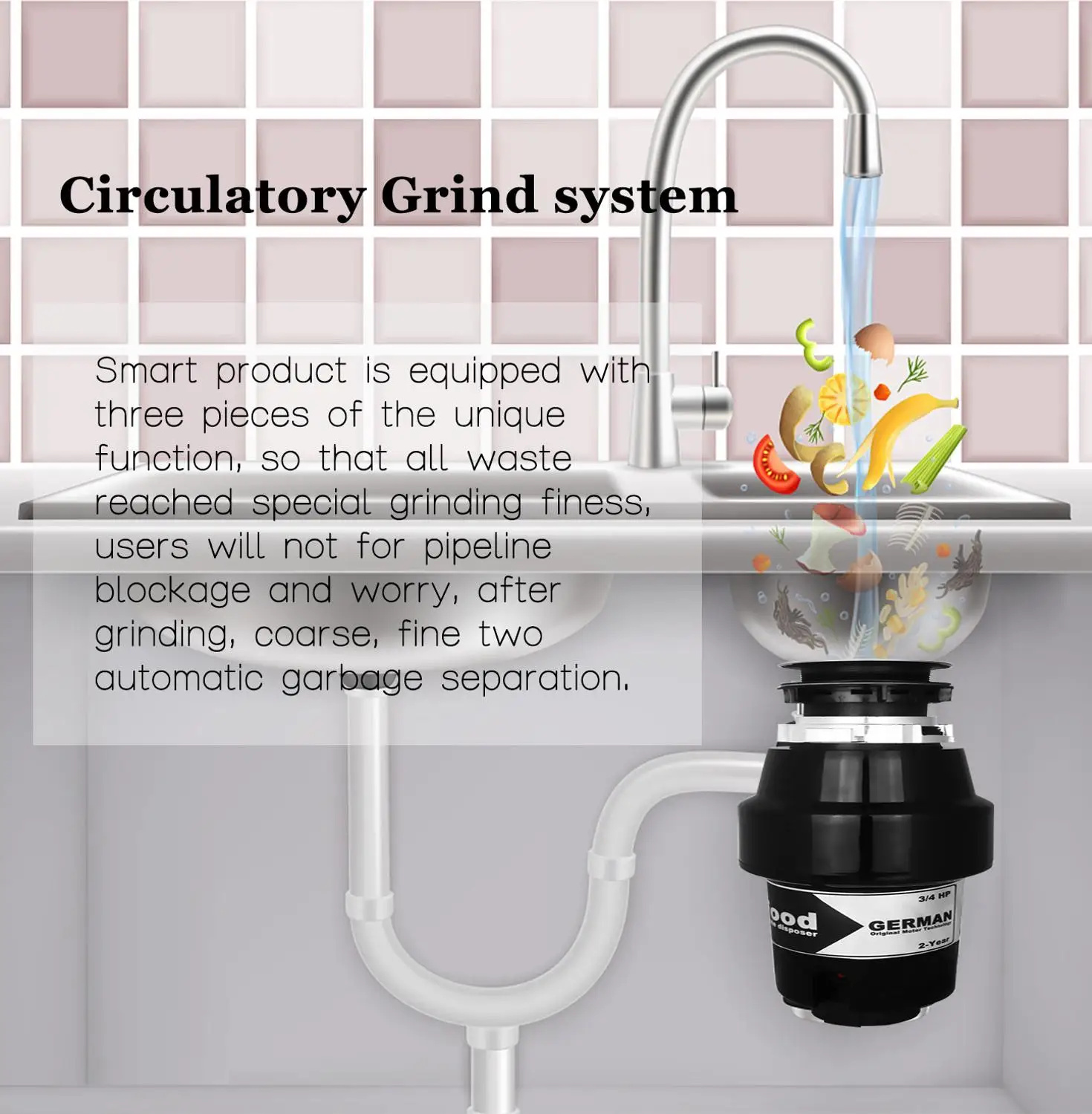 76336A German 1000W Motor Technology 1 Horsepower Deluxe Continuous Feed Disposall Food Waste Disposer + Air Switch 3