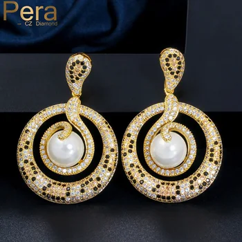 

Pera Dubai 18K Gold Color Snake Pattern Big Round Shape Pearl Drop Earrings for Luxury Women Wedding Party CZ Ear Jewelry E473