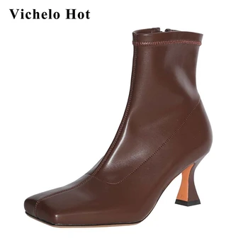 

Vichelo Hot new european style microfiber designer three colors square toe high strange heel zipper elegant lady ankle boots L16
