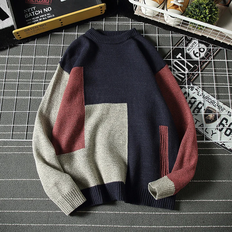 

Winter Sweater Men's Warm Fashion Contrast Color Casual Knit Pullover Men Sweter Clothes Wild Loose Long-sleeved Sweaters M-5XL