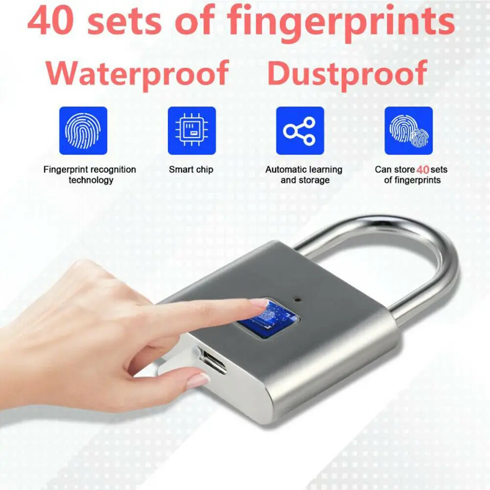 

USB Rechargeable Fingerprint Door Lock 40 Sets Fingerprint Smart Padlock Quick Unlock Stainless Steel Hanging Lock