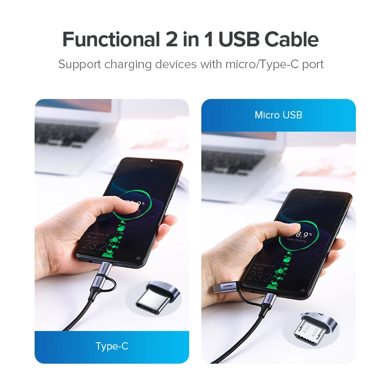 Кабель Ugreen USB Type C для Samsung Galaxy S10 S9 2 в 1 кабель Micro быстрой зарядки и передачи данных