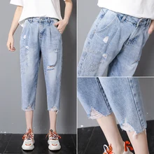 Тонкие джинсы с дырками для женщин, летние свободные джинсы для полных мм, женские тонкие штаны Гарун