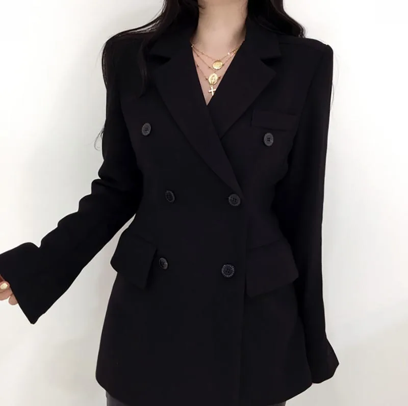 Осенние серые двойные пуговицы костюм куртка корейский прямой Блейзер Пальто женские блейзеры черный чистый цвет маленький костюм куртка