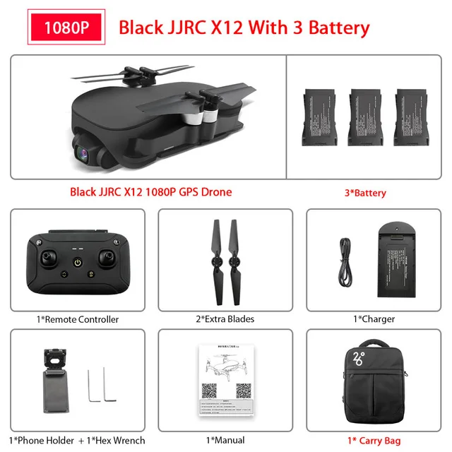 Black 1080P 3Battery JJRC X12 анти-встряхивание 3 оси Gimble gps Дрон с WiFi FPV 1080P 4K HD камера бесщеточный мотор складной Квадрокоптер - Цвет: Black 1080P 3Battery
