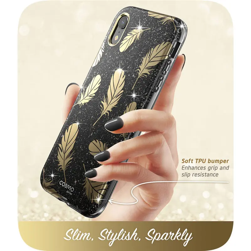I-BLASON Cover For iPhone XR Case 6.1&quot Cosmo Full-Body Shinning Bling Glitter Feather Bumper with Built-in Screen Protector |