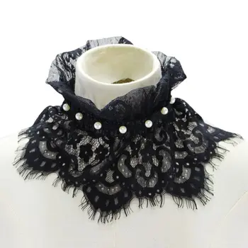 

Pleated Ruffles Stand Fake Collar Crochet Lace Imitation Pearl Necklace Choker