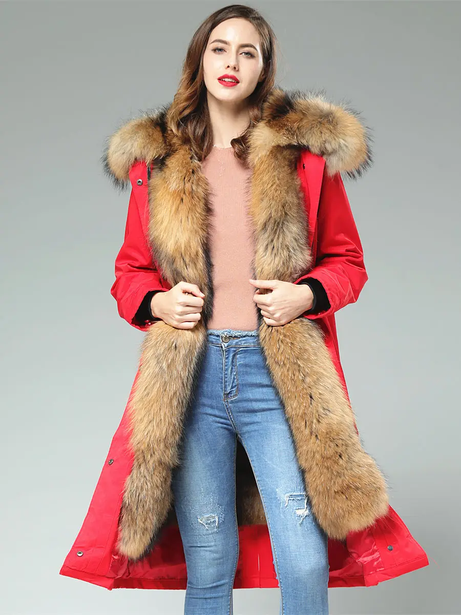 Parka King 90cm Long Whole Skin Pelt Muskrat Raccoon Fur Lining fur coat parkas winter coat women parka Large Raccoon Collar Red