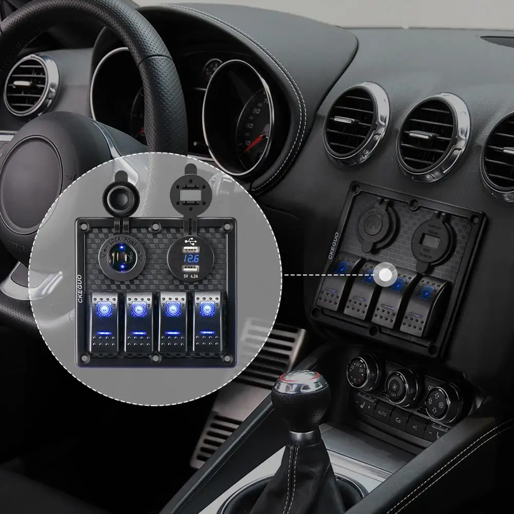 4 Gang 12V Dual USB Port Car Marine Boat LED Rocker Switch Panel Waterproof Circuit Digital Voltmeter LED Rocker Switch Panel