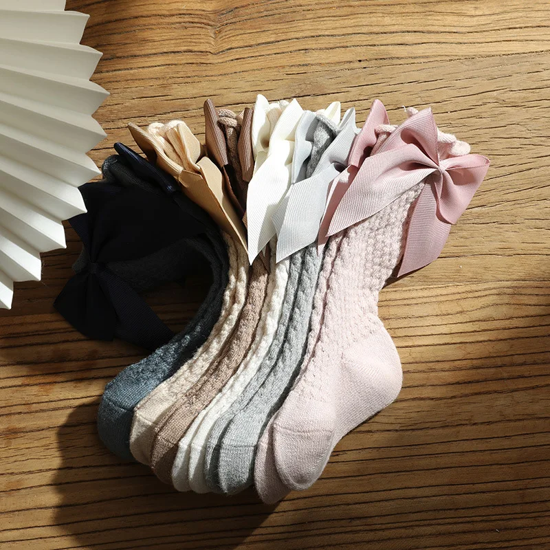 Children Big Bow Socks Kids Girls Princess Toddlers Long Knee High Socks Hollow Out Baby Floor Spanish Pineapple Style Socken