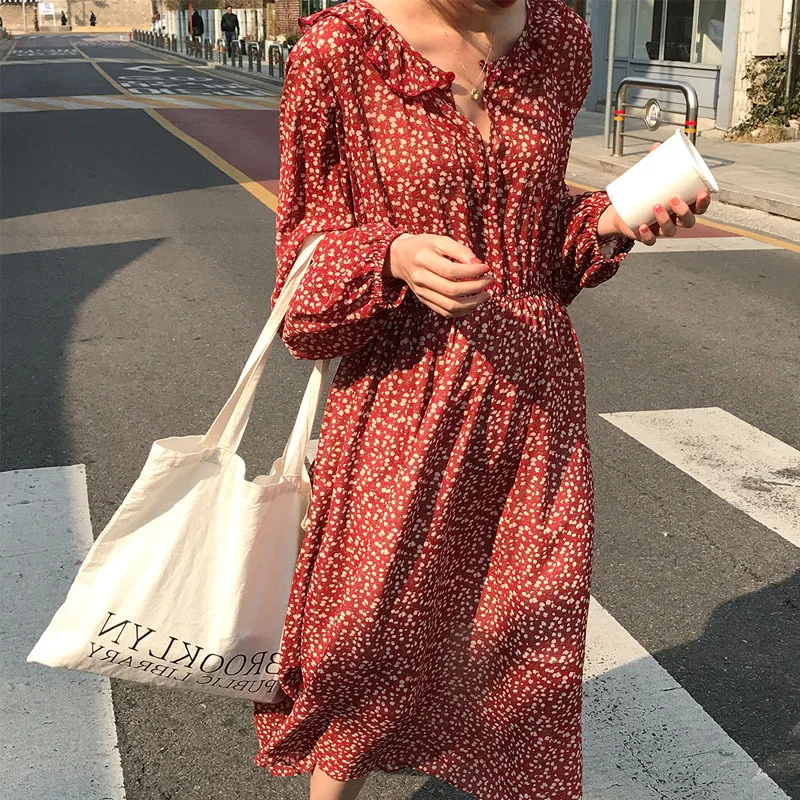 

-2019 New Style V-neck over-the-Knee Fairy Long Skirts Waist Hugging Long Sleeve Floral-Print Chiffon Dress Women's Spring And A