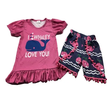 

Pinky girl summer short outfits whale printed puff sleeve match cute shorts clothing set