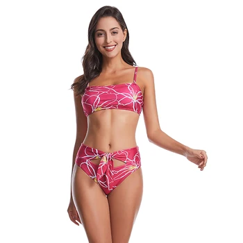 

2020 New Sexy Floral Print Bikini Women High Waist Swimsuit Front Cutout Bathing Suit S-XL Girl Backless Swimwear Bikini Set