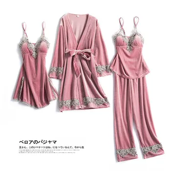 

Autumn New Sleepwear Velour 4PCS Pajamas Set Casual Loose Sleep Set Velvet Home Wear Lace Trim Kimono Bath Robe Gown Nightwear