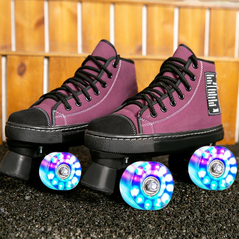

Purple Flash Wheel Roller Skates Double Line Skates Women Female Adult Led Lighting Pu 4 Wheels Two Line Skating Shoes Patines