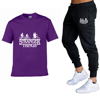 

Round neck short sleeve men's sportswear suit fitness printing summer T-shirt + solid color long pants men's suit 2 piece set
