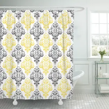 

Blue Baby Yellow Gray White Damask Flower Pattern Colorful Shower Curtain Waterproof Polyester Fabric 60 x 72 Inches with Hooks