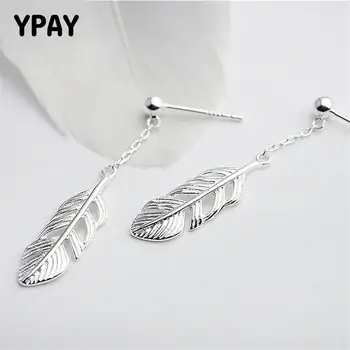

YPAY 100% Real 925 Sterling Silver Feather Earrings for Women Korea Simple Drop Dangle Earring Fine Party Jewelry Gifts YME605