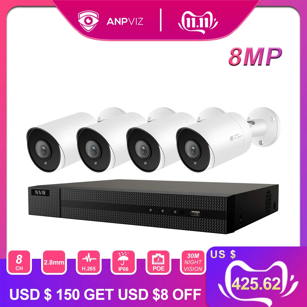 Anpviz Новинка 4K 8CH POE NVR комплект Plug& Play 8-канальная система безопасности камера 8 шт 8MP Bullet IP камера наружная Поддержка Onvif