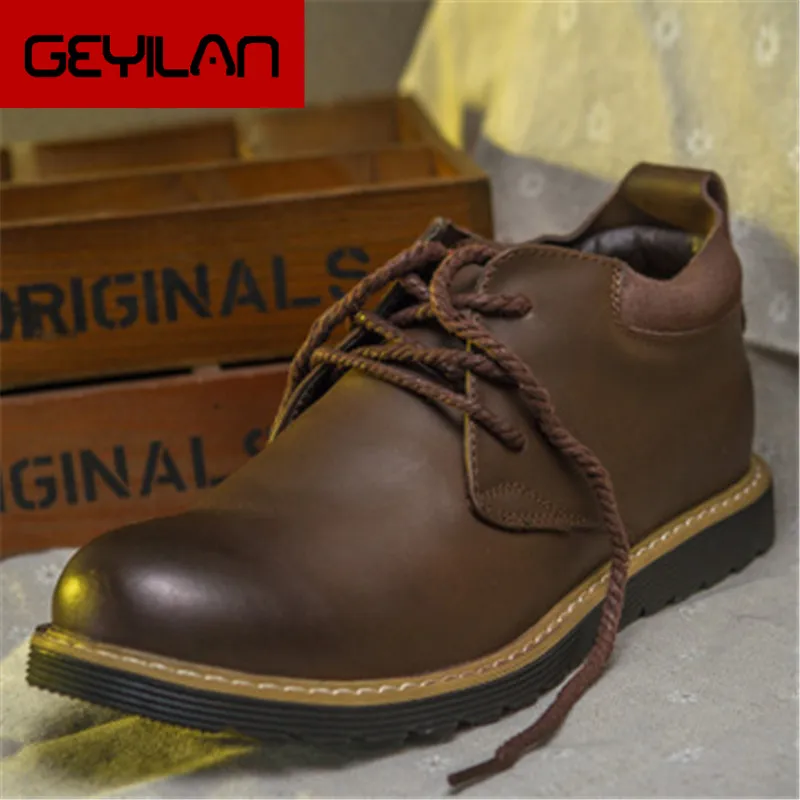 

Super Plush Warm Men's Winter Genuine Leather Waterproof Rubber Snow Boots Autumn Leisure Boots England Retro Lace-Up Booties