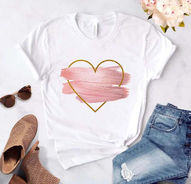 Heart flower print ladies T-shirt ladies casual basis O-collar white shirt short sleeve ladies T-shirt love graphic printing 28759