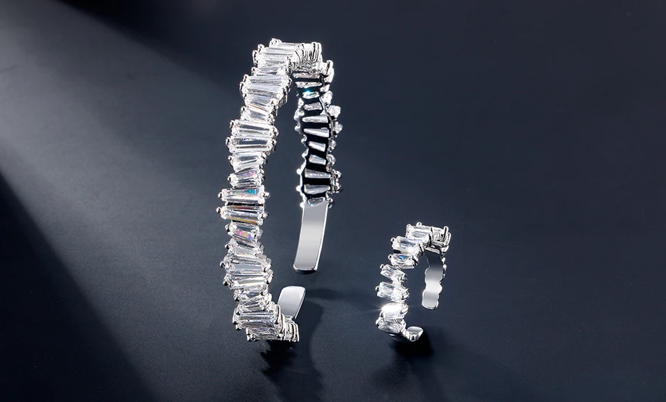 ZAKOL Luxury Square Cubic Zirconia Adjustable Bracelet Ring Set Bridal Jewelry for Women Wedding Dinner Birthday Gift FSSP3042