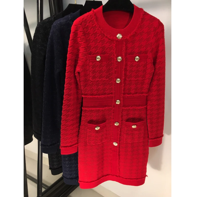11.19 Early Autumn New O-neck long sleeve houndstooth knitted dress single breasted Tailored gold button fashion dress