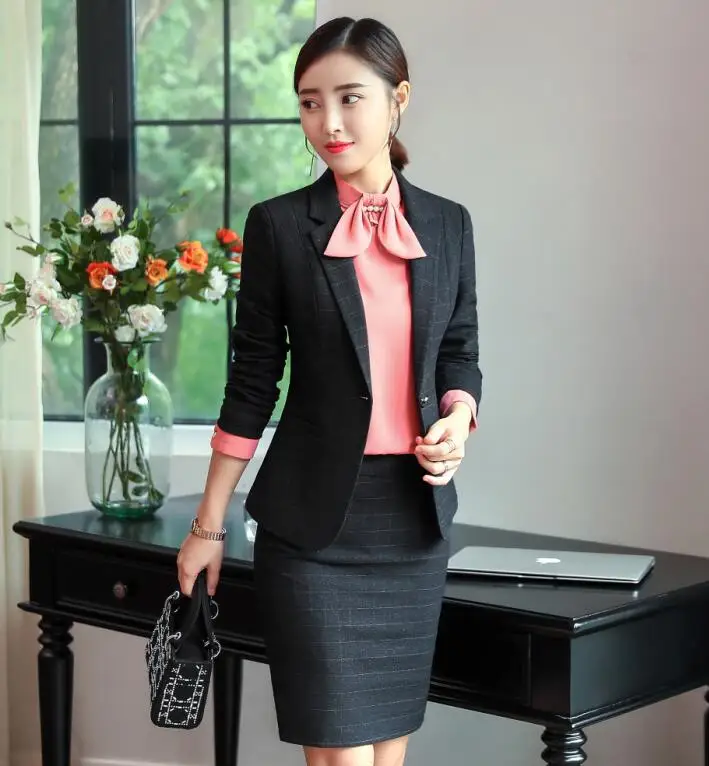 Модный клетчатый дизайнерский брючный костюм для женщин, для офиса, для девушек, для работы, брюки, куртка, Блейзер, комплект, деловой костюм для женщин, Осень-зима - Цвет: black skirt suits