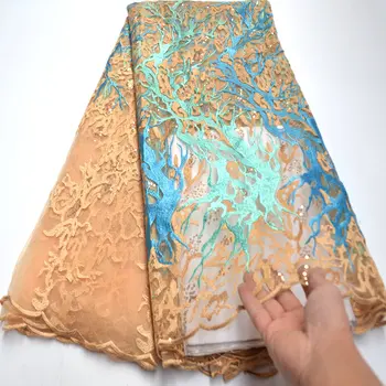 

Gold African lace fabric,embroidered flower net lace,high quality Nigerian lace fabric with sequins for wedding dress Ki042