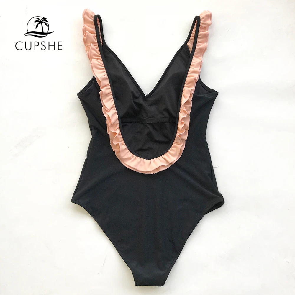 CUPSHE черный с розовыми рюшами цельный купальник женский цветной v образным